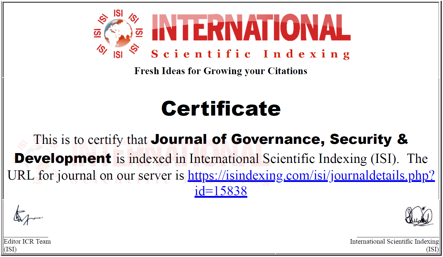 Indexing And Abstracting - Journal Of Governance Security & Development 